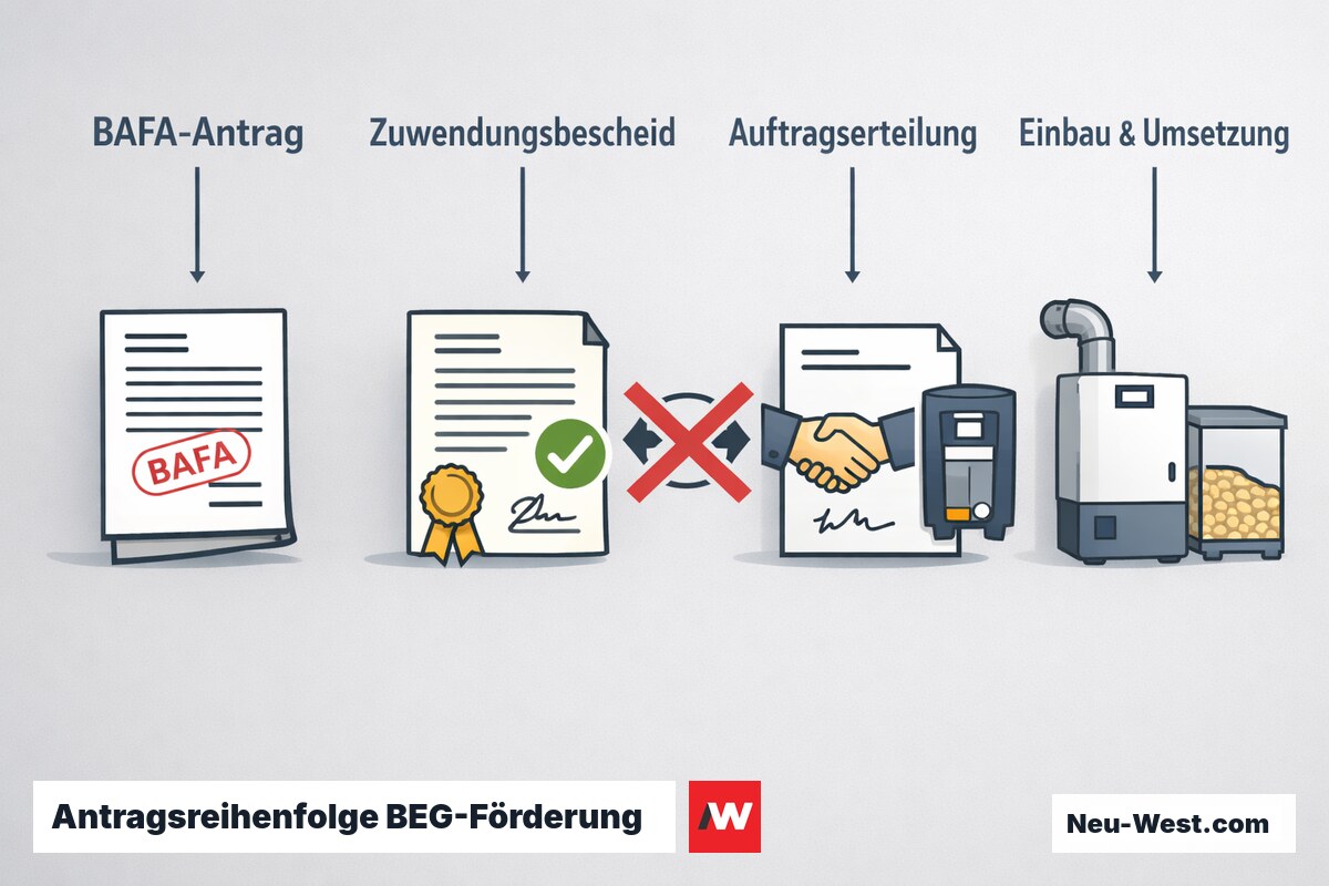 Ablaufgrafik der BEG-Antragsreihenfolge: BAFA-Antrag, Zuwendungsbescheid, Auftragserteilung, Einbau — rückwirkender Antrag ausgeschlossen.