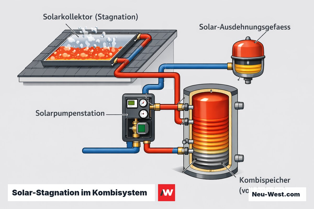 Querschnitt eines Pellet-Solar-Kombisystems mit Solarkollektor, Ausdehnungsgefäß, Pumpenstation und vollständig beladenem Kombispeicher bei Sommerstagnation.