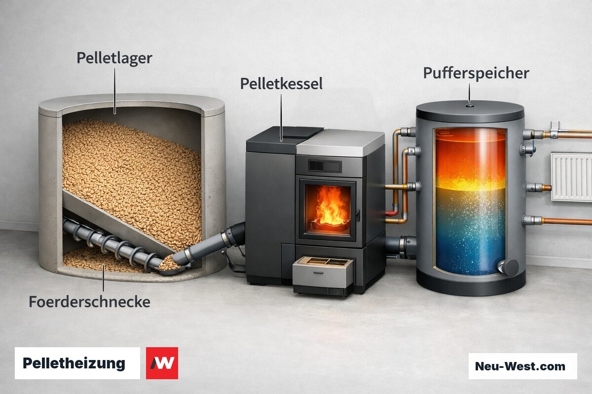 Schnittdarstellung Pelletheizungsanlage mit Lager, Förderschnecke, Kessel und Pufferspeicher im Altbaukeller