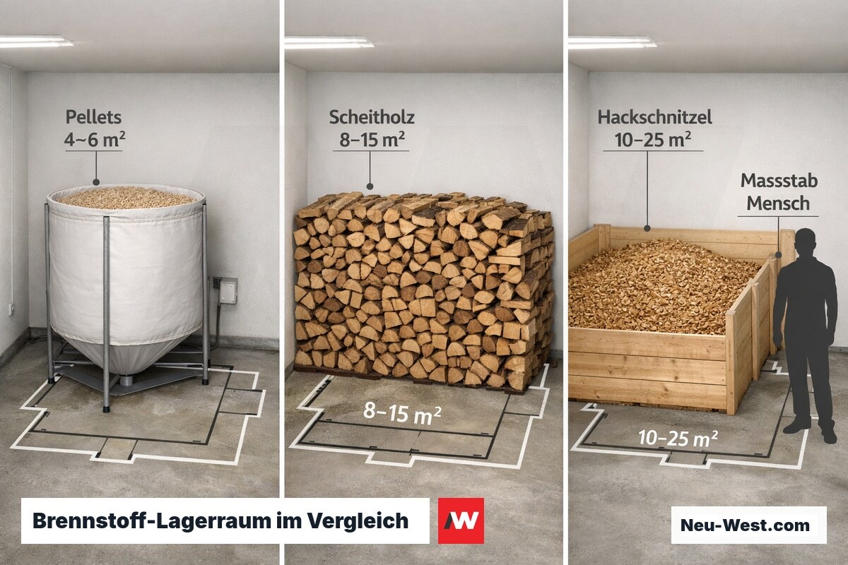 Maßstabsgetreuer Vergleich des Lagerraumbedarfs von Pellets, Scheitholz und Hackschnitzeln