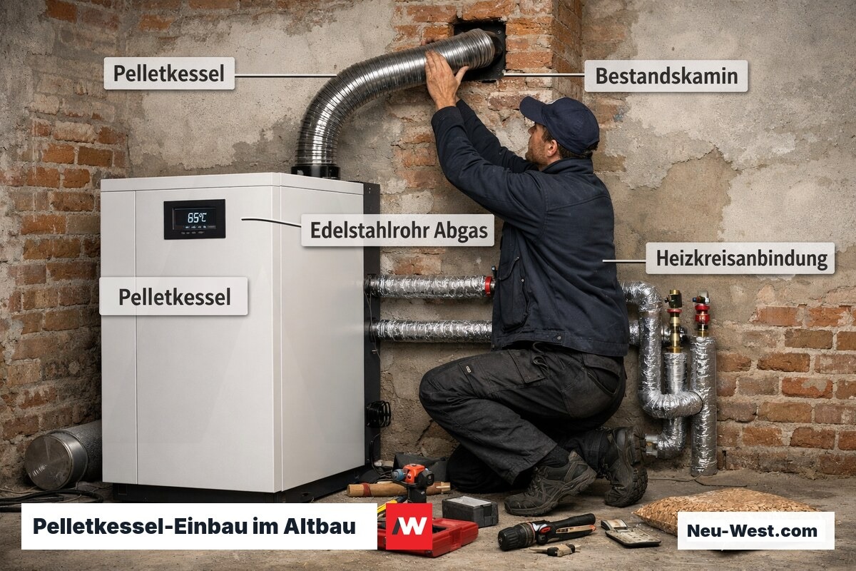 Handwerker installiert Pelletkessel in Altbau mit Edelstahlrohr-Abgasführung im Bestandskamin