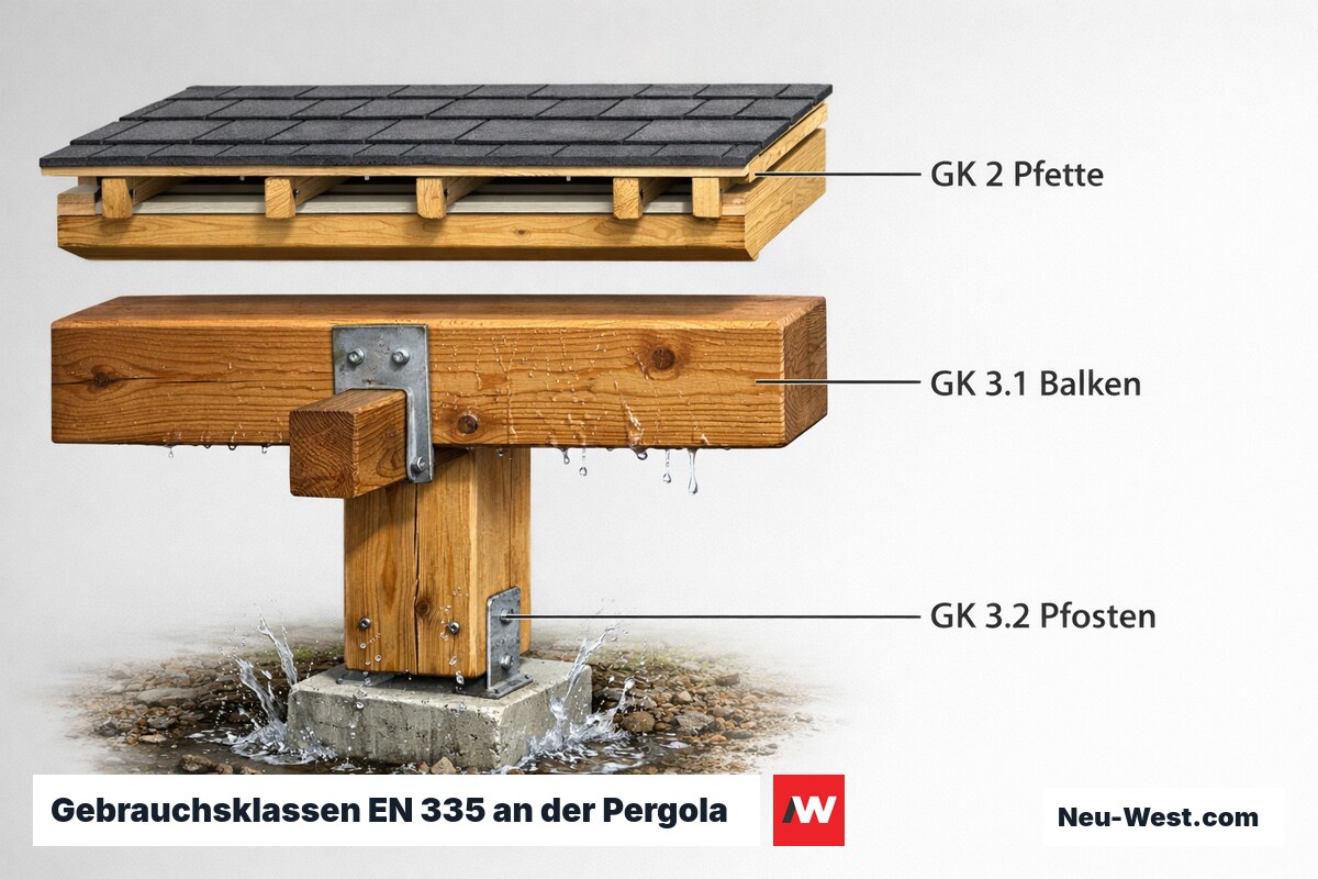 Gebrauchsklassen EN 335 an der Pergola – Erklär-Grafik (NEUWEST Berlin)