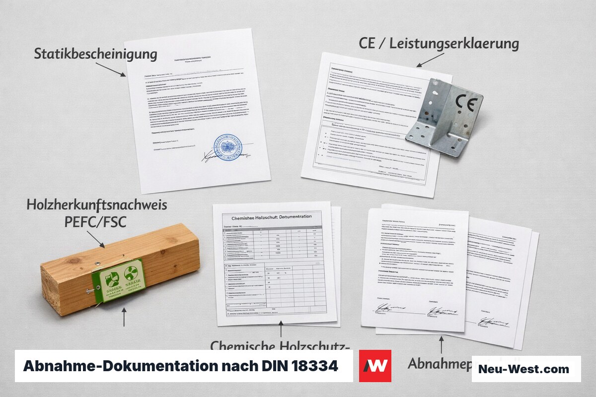 Erklär-Illustration der Abnahmeunterlagen im Holzbau: Leistungserklärung, Holzherkunftsnachweis, Statikbescheinigung und unterschriebenes Abnahmeprotokoll.