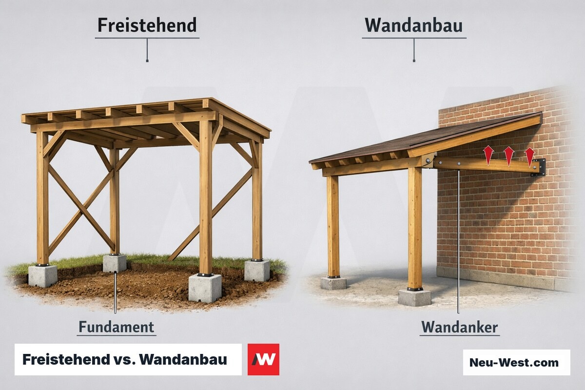 Freistehend vs. Wandanbau: Lastabtragung und Aussteifung – Erklär-Grafik (NEUWEST Berlin)
