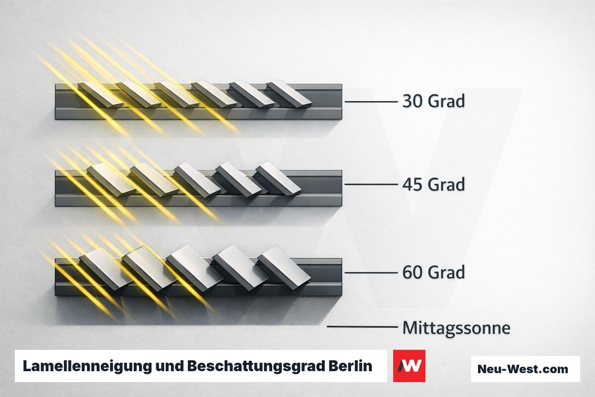 Lamellenneigung und Beschattungsgrad Berlin (52° N) – Erklär-Grafik (NEUWEST Berlin)
