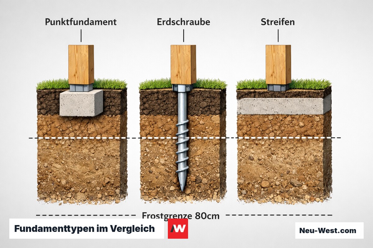 Fundamenttypen im Vergleich: Punkt, Erdschraube, Streifen – Erklär-Grafik (NEUWEST Berlin)