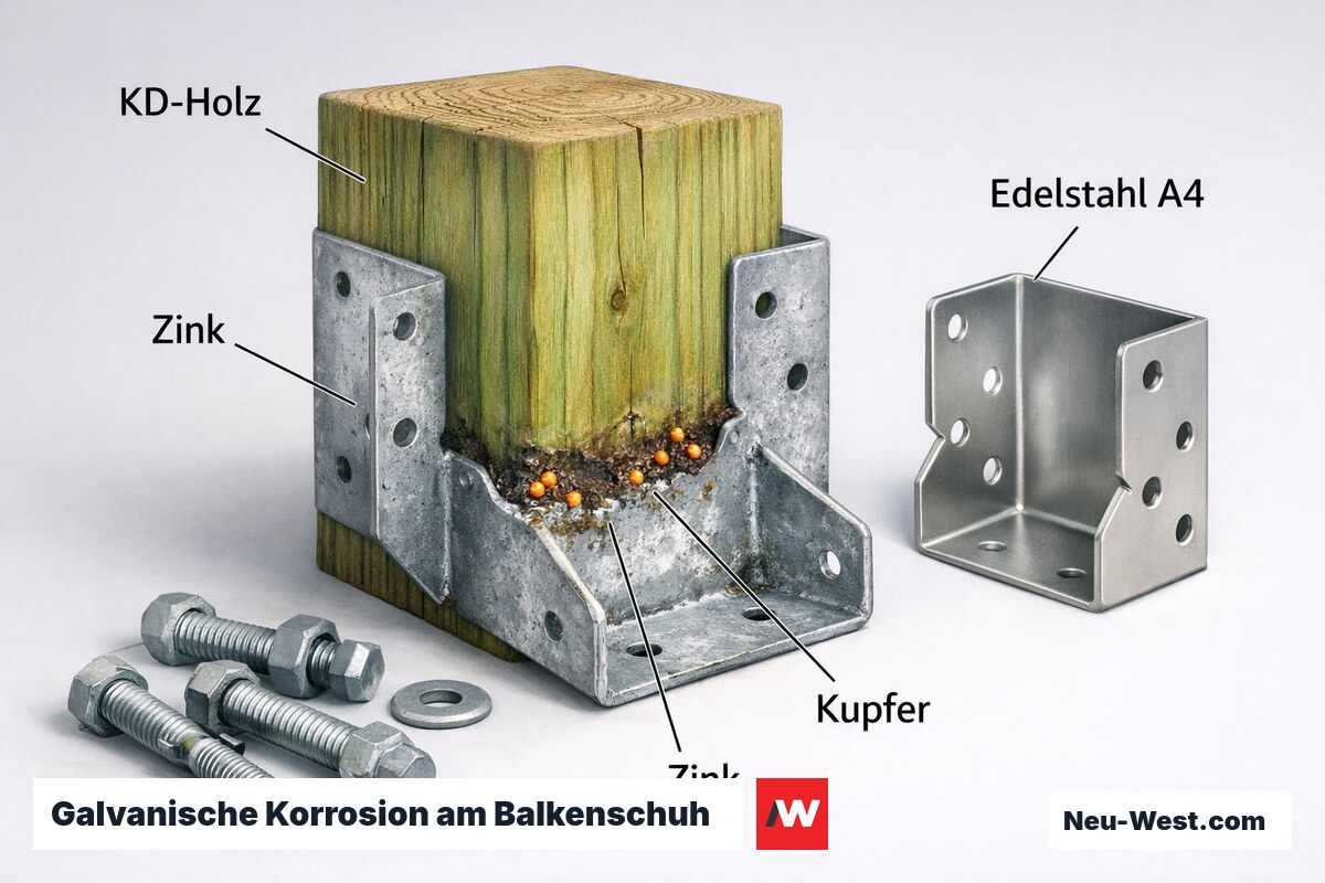 Galvanische Korrosion am Balkenschuh: Cu-Ionen vs. Zink – Erklär-Grafik (NEUWEST Berlin)