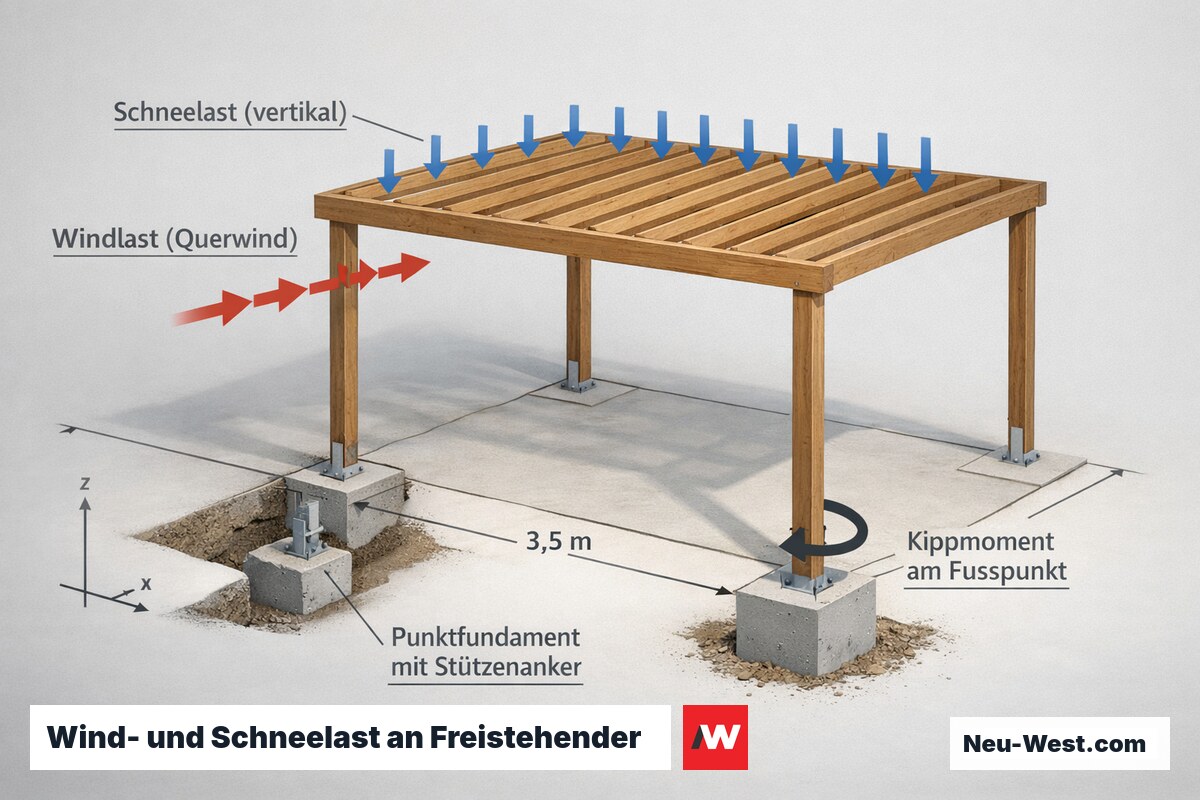 Statik-Diagramm einer freistehenden Berliner Pergola mit Schneelast, Querwind, Kippmoment am Fußpunkt und Punktfundamenten mit Stützenanker.