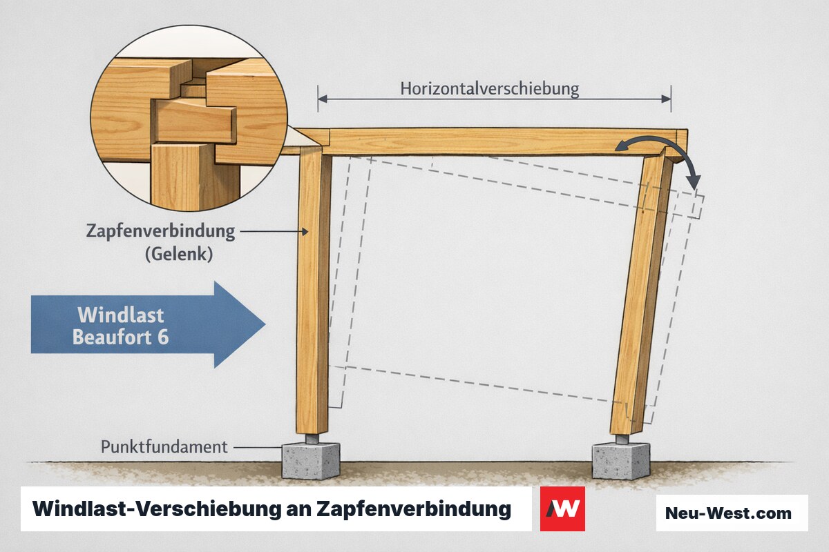 Erklaer-Cutaway: freistehender Holzrahmen mit Zapfenverbindung, der unter horizontaler Windlast seitlich schief steht — Darstellung der Horizontalverschiebung ohne Dachscheibe.