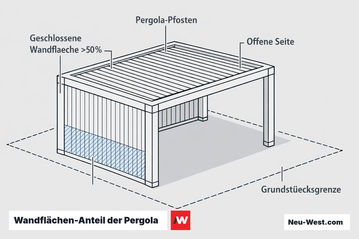 Isometrische Erklär-Grafik einer Pergola mit teils geschlossener Wandfläche über 50 %, offener Seite und Grundstücksgrenze zur baurechtlichen Einstufung.