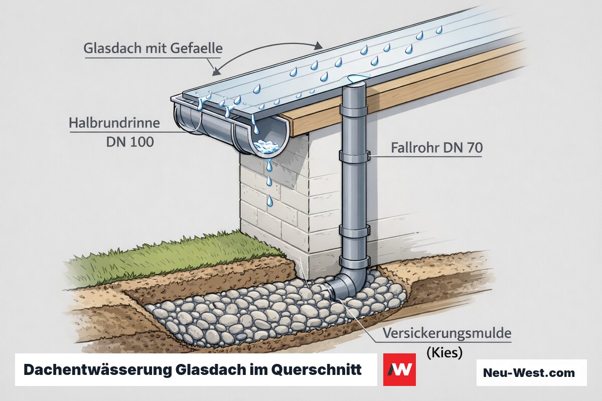 Querschnitt der Dachentwässerung eines Glasdachs: Gefälle, Halbrundrinne DN 100, Fallrohr DN 70 und versickerungsfähige Kiesmulde.