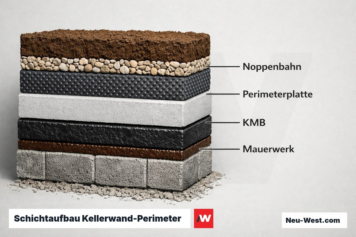 Schichtaufbau Kellerwand-Perimeter – Erklär-Grafik (NEUWEST Berlin)