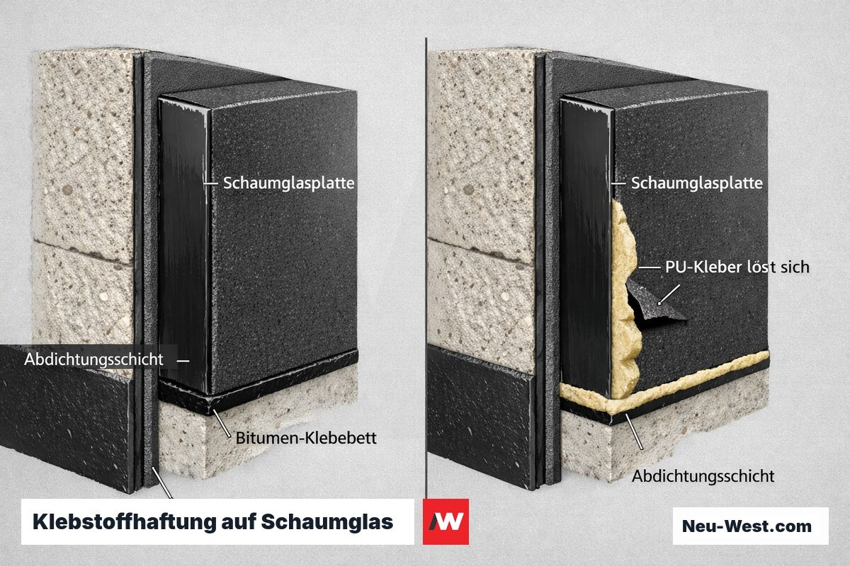 Querschnitt-Detail: Bitumenkleber haftet vollflächig auf glatter Schaumglasplatte, PU-Kleber löst sich ab – Abdichtungsaufbau an der Kellerwand.