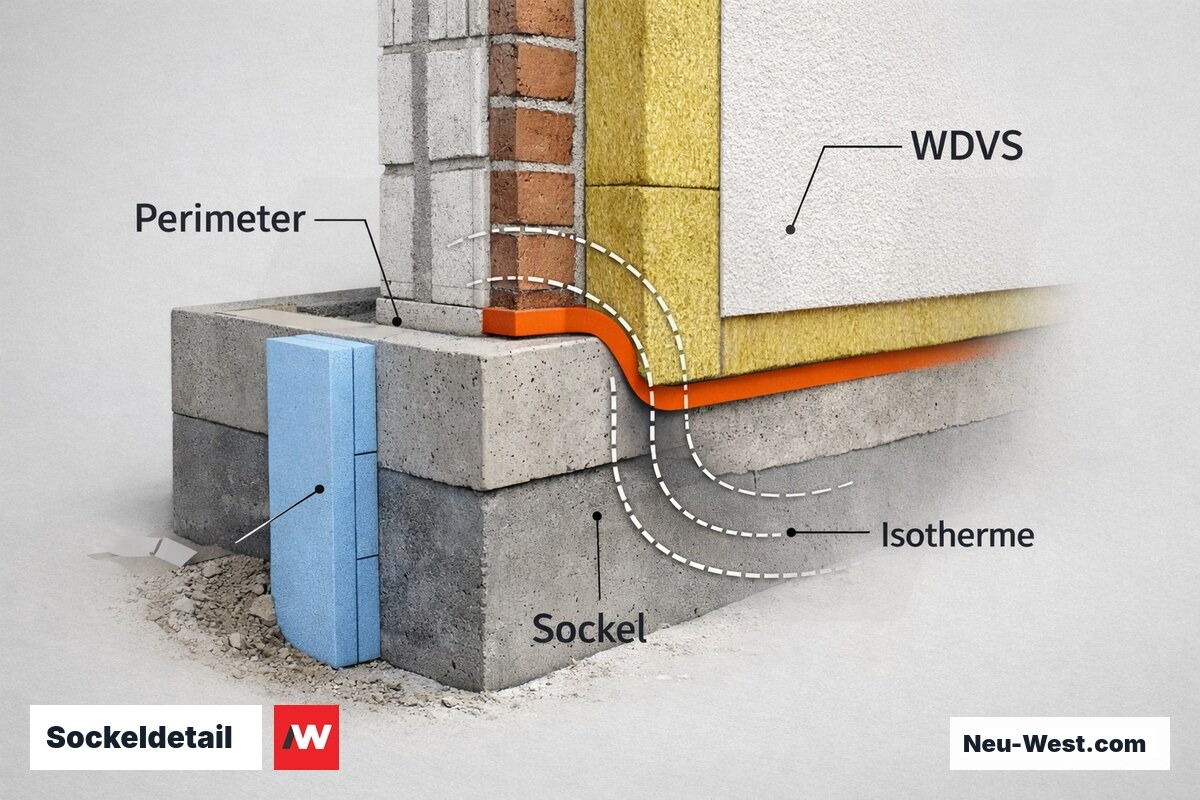 Sockeldetail: Wärmebrückenzone Perimeter–WDVS – Erklär-Grafik (NEUWEST Berlin)