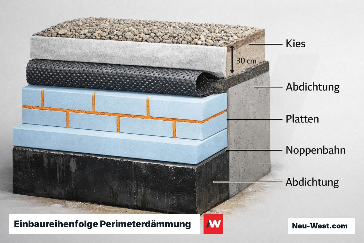 Einbaureihenfolge Perimeterdämmung: 6 Arbeitsschritte – Erklär-Grafik (NEUWEST Berlin)