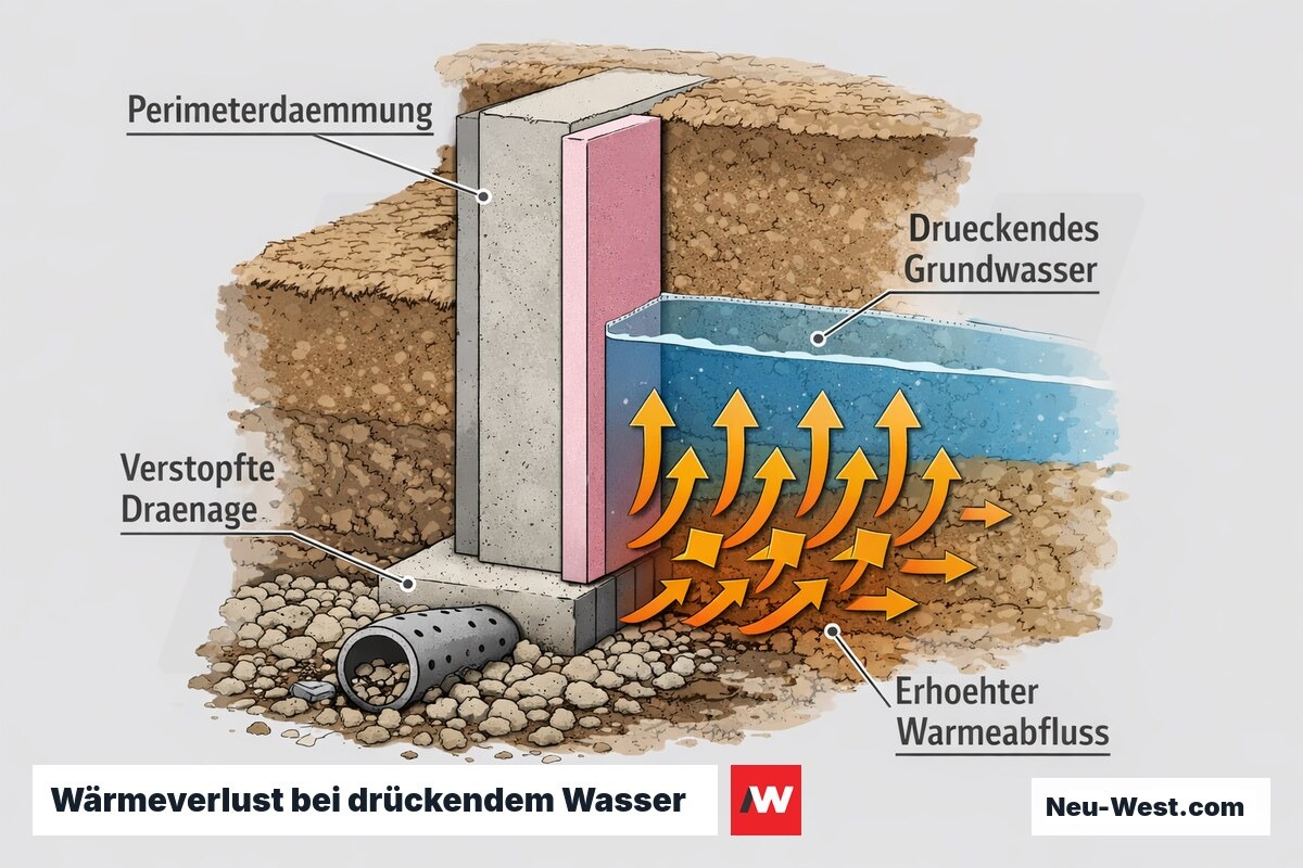 Querschnitt einer Kellerwand mit Perimeterdämmung, drückendem Grundwasser, verstopfter Dränage und erhöhtem Wärmeabfluss ins nasse Erdreich.