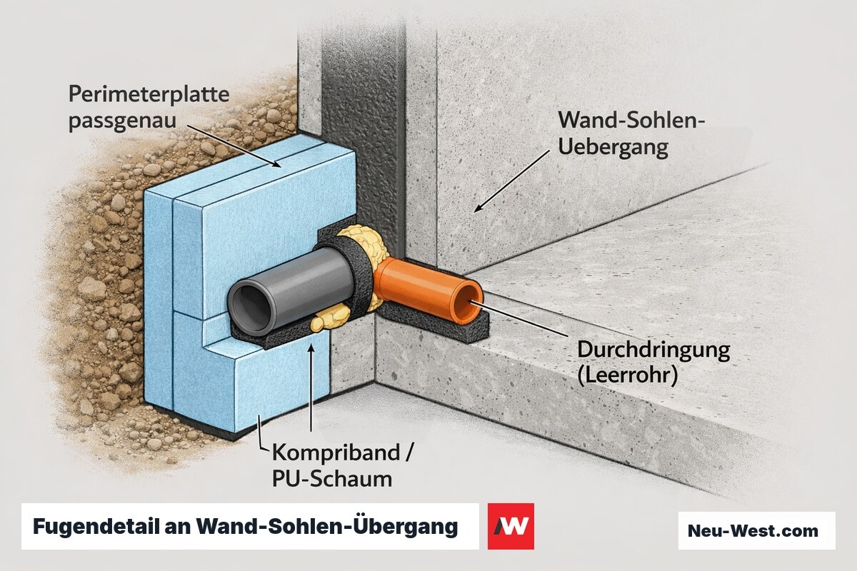Querschnitt eines Kellerwand-Sohlen-Übergangs mit passgenau zugeschnittenen Perimeterplatten, Rohrdurchdringung und fugenlosem Anschluss durch Kompriband und PU-Schaum.