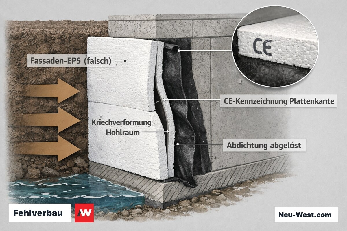 Cutaway: erdberührt verbautes Fassaden-EPS mit Kriechverformung, Hohlraum hinter abgelöster Abdichtung und CE-Kennzeichnung an der Plattenkante.