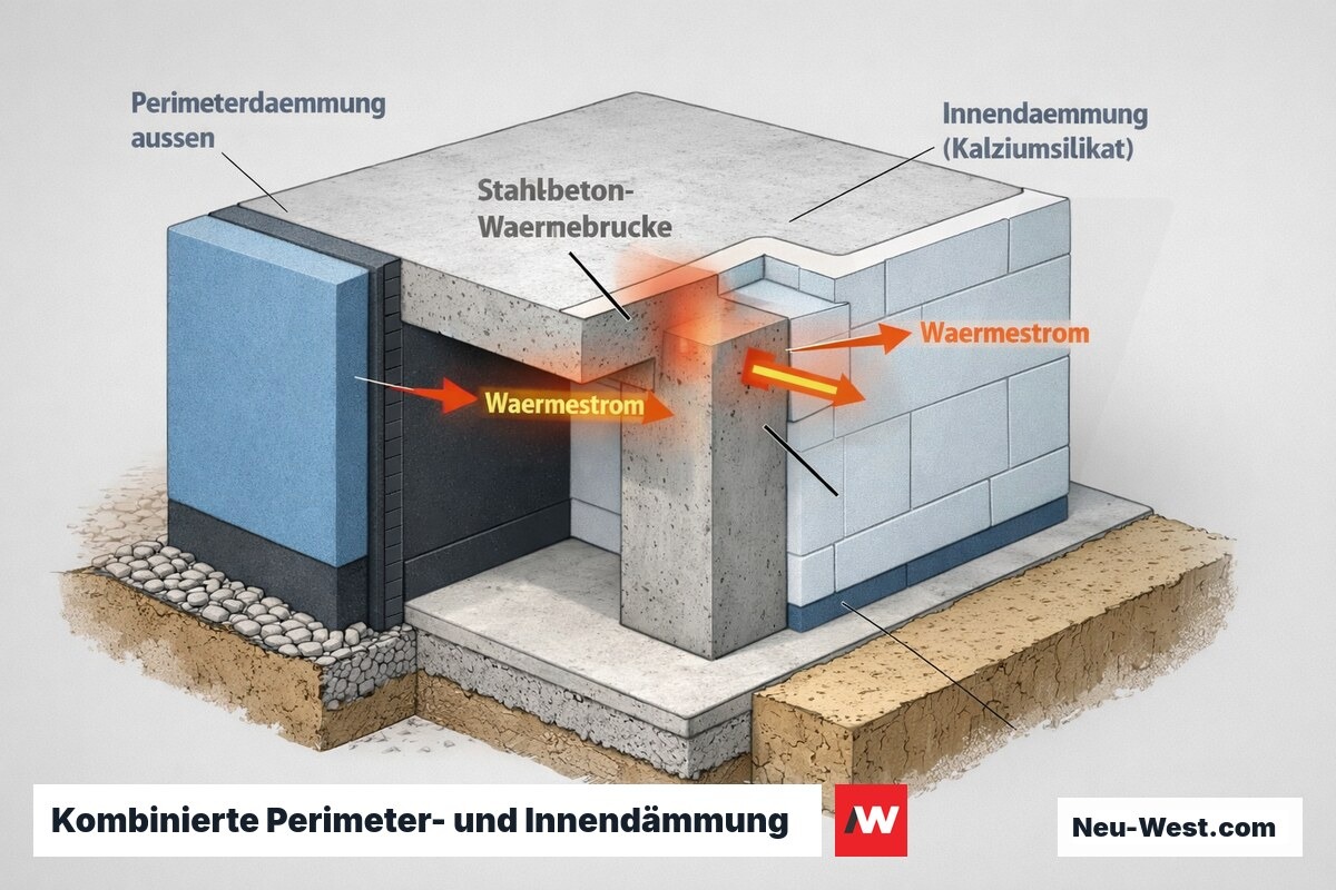 Querschnitt einer erdberührten Kellerwand mit Perimeterdämmung außen und Innendämmung innen, die eine Stahlbeton-Wärmebrücke an Deckenplatte und Stütze schließt.