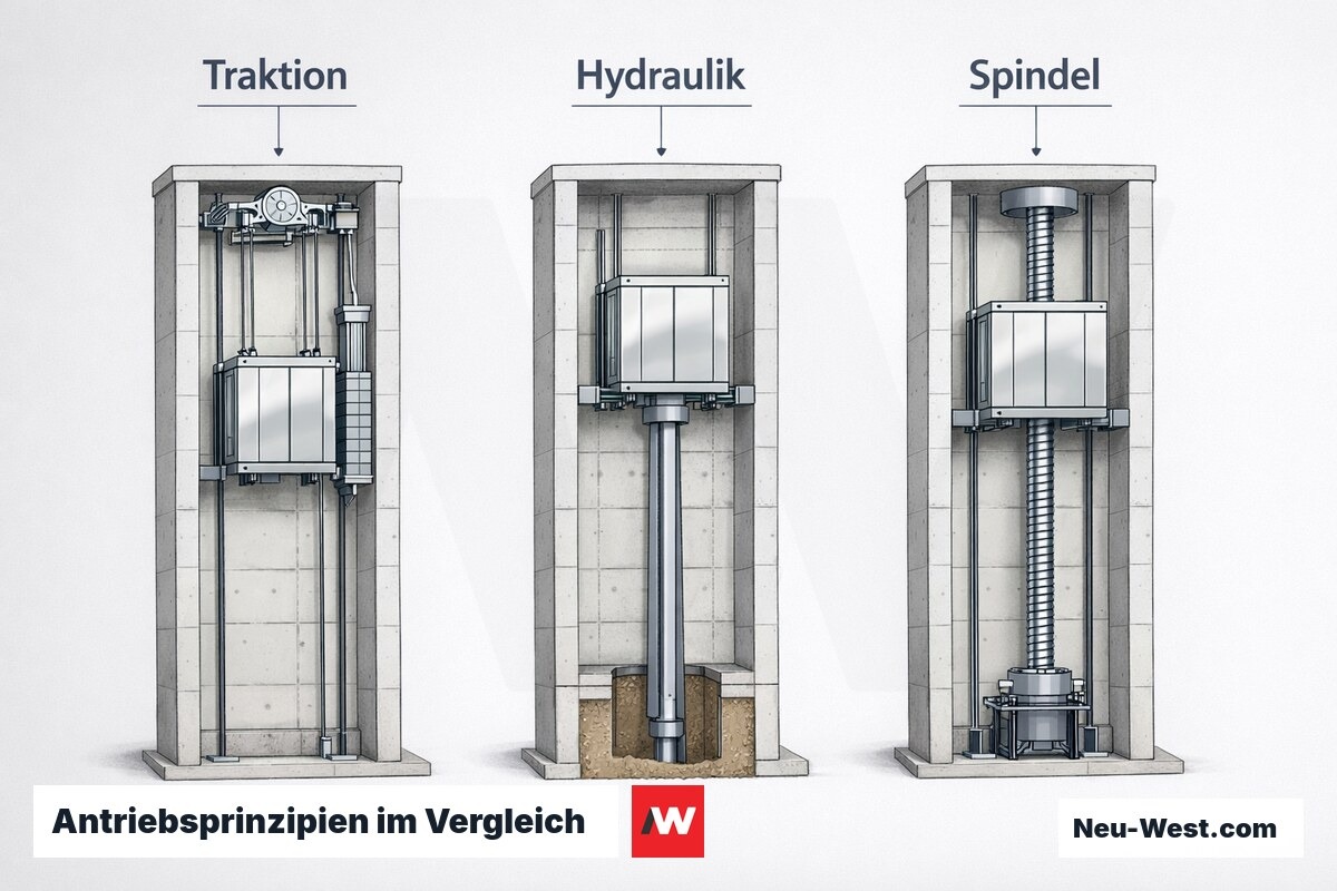 Antriebsprinzipien im Vergleich: Traktion, Hydraulik, Spindel – Erklär-Grafik (NEUWEST Berlin)