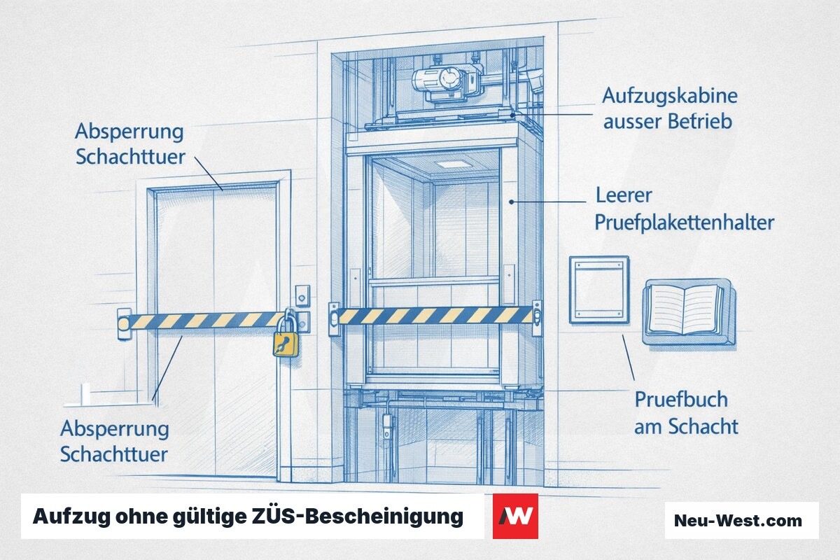Cutaway eines stillgelegten Aufzugs mit Absperrung und fehlender ZÜS-Prüfplakette am Schacht als Folge versäumter Prüfung.