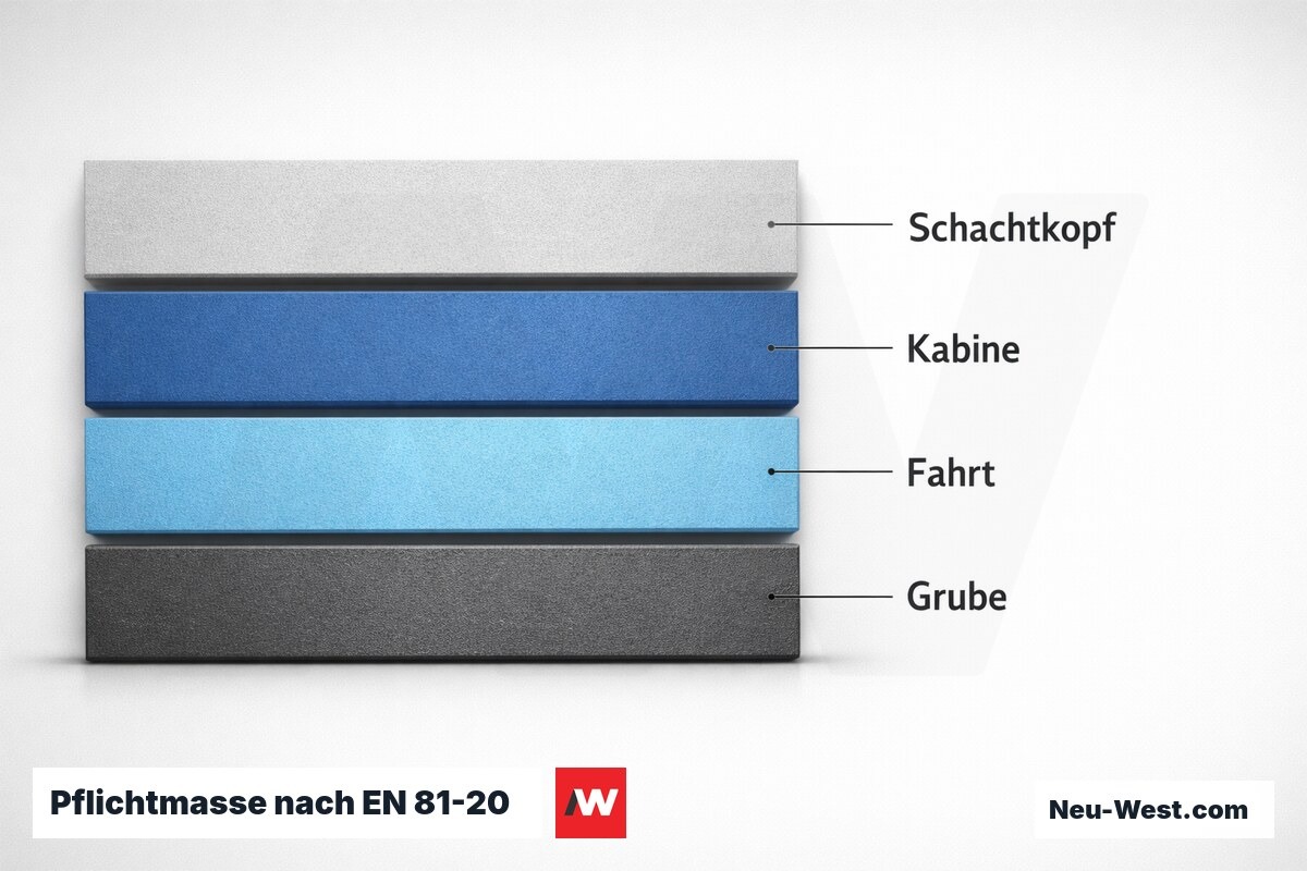 Pflichtmasse nach EN 81-20: Schachtgrube, Fahrkabine und Schachtkopf – Erklär-Grafik (NEUWEST Berlin)