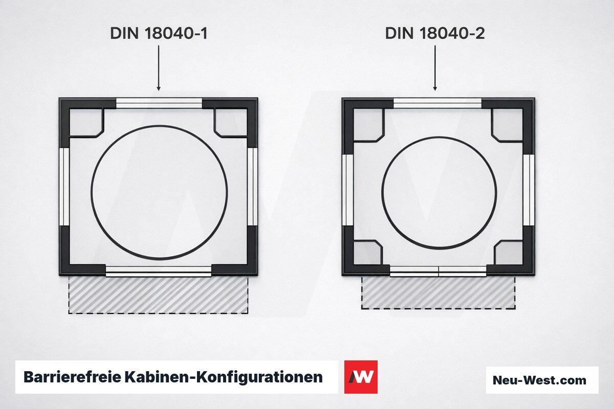 Barrierefreie Kabinen-Konfigurationen: DIN 18040-1 vs. DIN 18040-2 – Erklär-Grafik (NEUWEST Berlin)