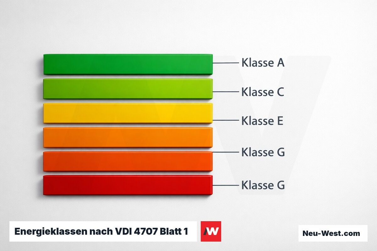 Energieklassen nach VDI 4707 Blatt 1: Skala A bis G mit Verbrauchskennwerten – Erklär-Grafik (NEUWEST Berlin)