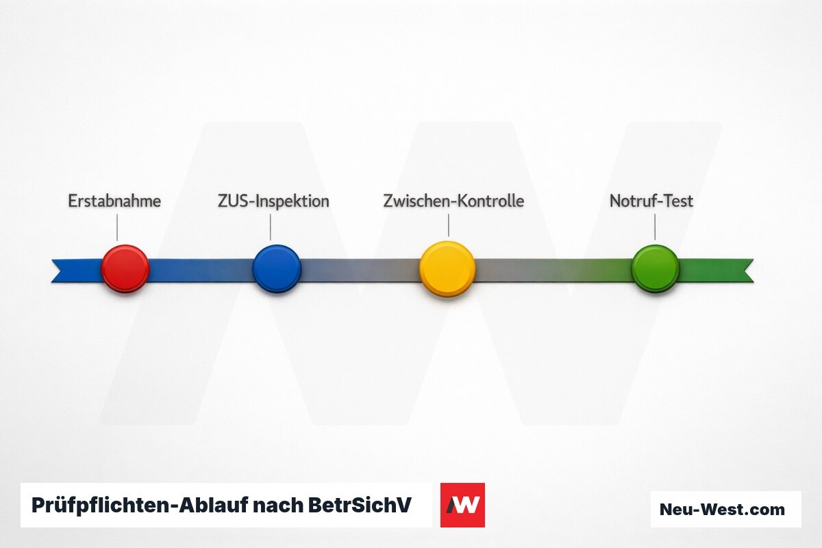 Prüfpflichten-Ablauf nach BetrSichV: Erstabnahme bis Notruf-Test – Erklär-Grafik (NEUWEST Berlin)