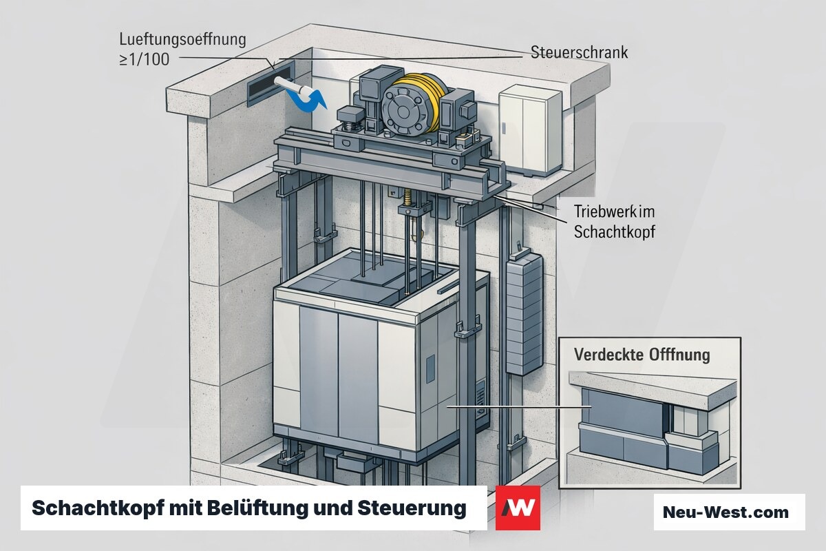 Cutaway-Zeichnung des MRL-Schachtkopfs mit freier Lüftungsöffnung, Steuerschrank, Triebwerk und Warnung vor verdeckter Öffnung.