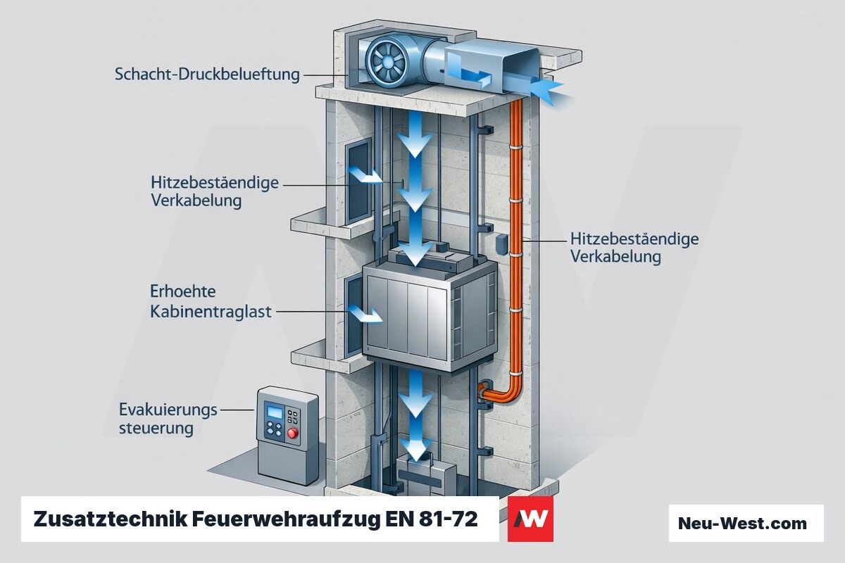 Cutaway eines Feuerwehraufzug-Schachts mit Druckbelüftungsanlage, hitzebeständiger Verkabelung, Evakuierungssteuerung und Kabine mit erhöhter Traglast.