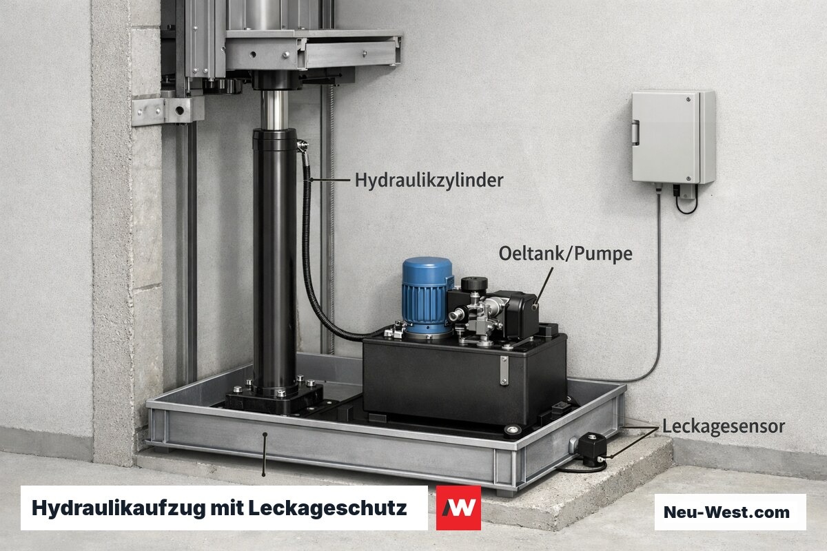 Querschnitt eines Hydraulikaufzugs: Zylinder, Öltank mit Pumpe, doppelwandige Auffangwanne und Leckagesensor zum WHG-konformen Ölschutz.