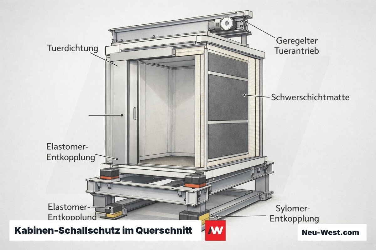 Querschnitt einer Aufzugskabine mit elastomerer Entkopplung, Schwerschichtmatten, Türdichtung und geregeltem Türantrieb zur Luftschall-Dämmung.