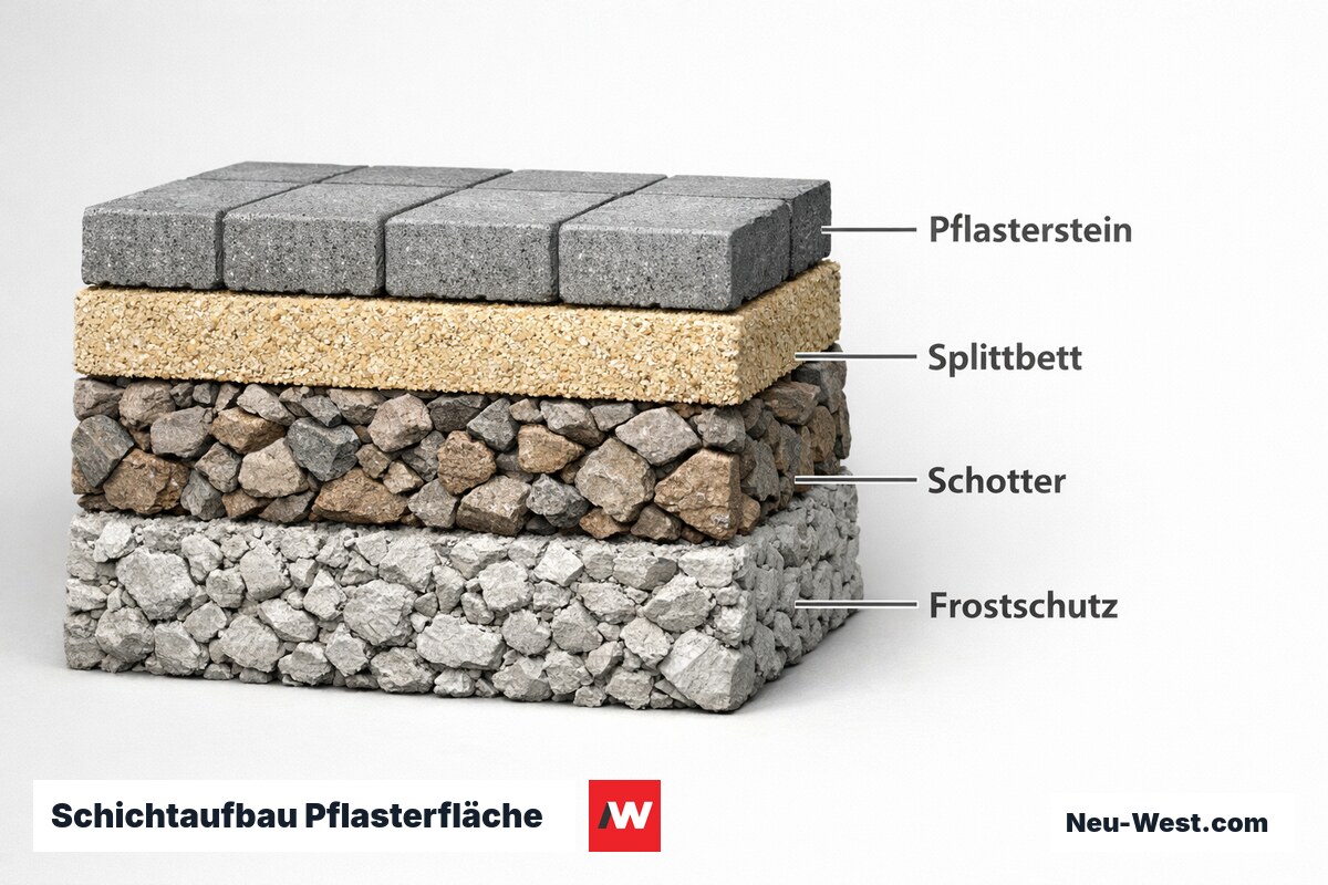 Schichtaufbau Pflasterfläche: Regelquerschnitt nach RStO 12 – Erklär-Grafik (NEUWEST Berlin)