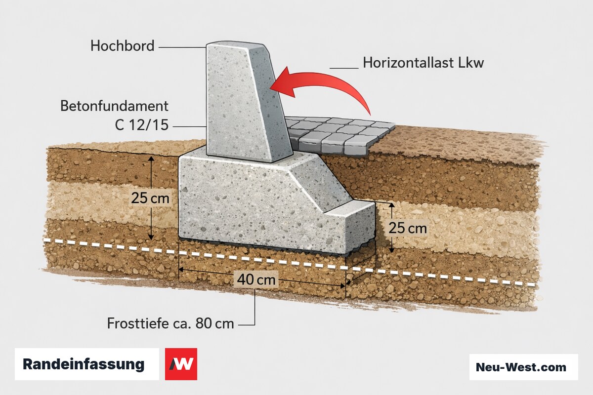 Querschnitt einer Randeinfassung: Hochbord auf Betonfundament unterhalb der Frosttiefe, mit Horizontallast und Kippgefahr bei zu schlankem Fundament.