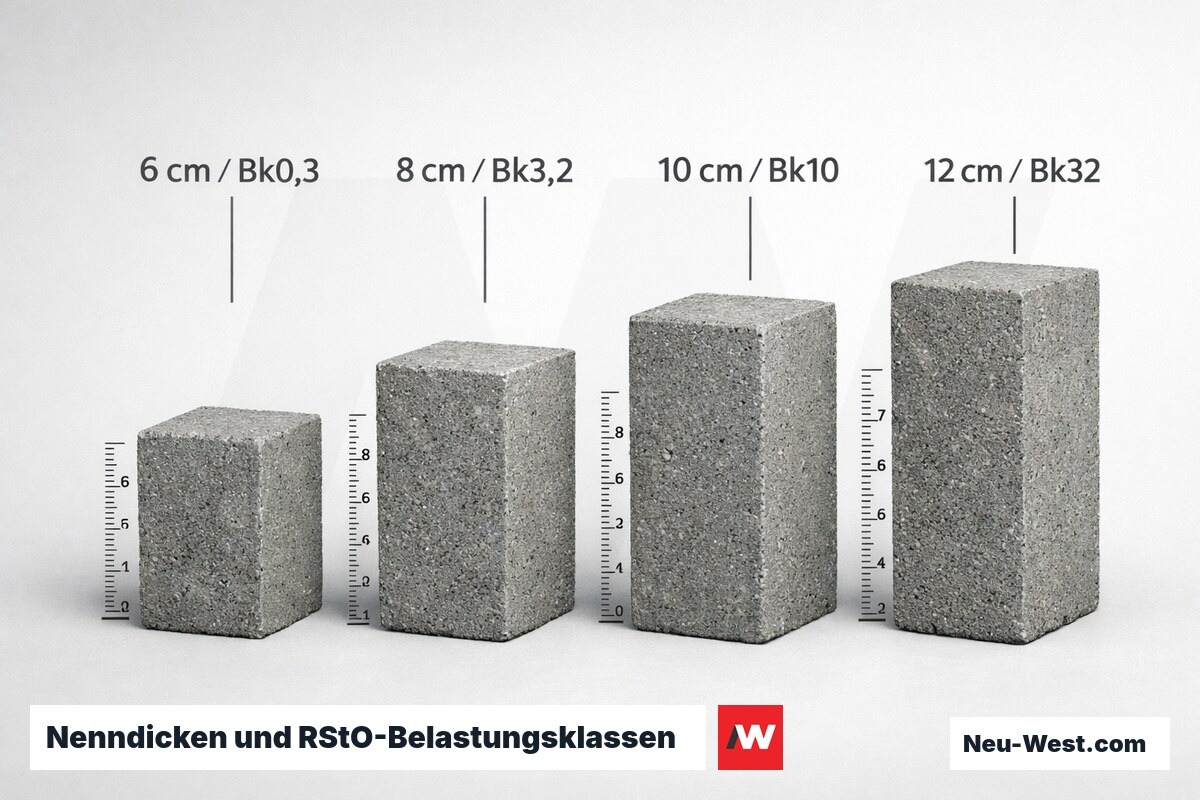Nenndicken und RStO-Belastungsklassen im Vergleich – Erklär-Grafik (NEUWEST Berlin)