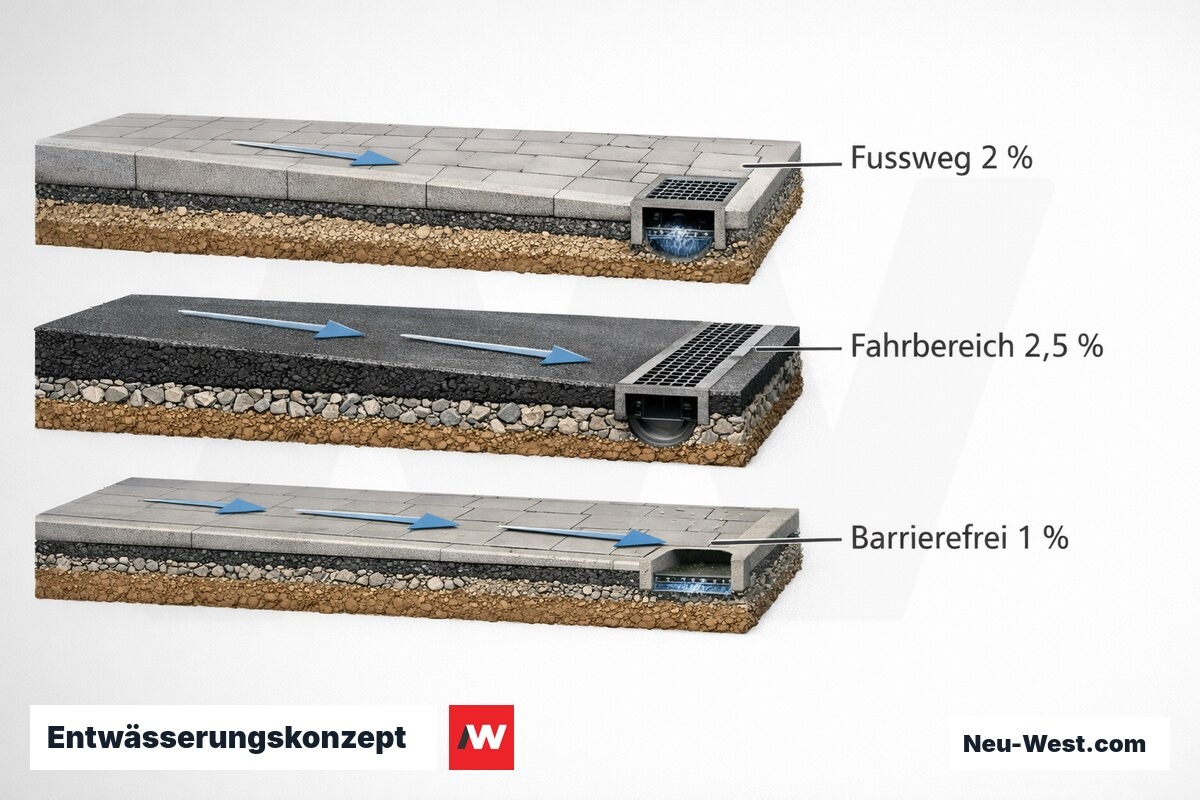 Entwässerungskonzept: Mindestgefälle je Nutzungsbereich – Erklär-Grafik (NEUWEST Berlin)