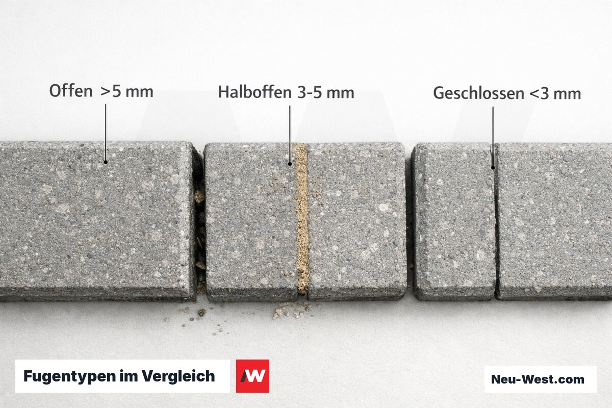 Fugentypen im Vergleich: Breite, Dichtigkeit und Verbundwirkung – Erklär-Grafik (NEUWEST Berlin)