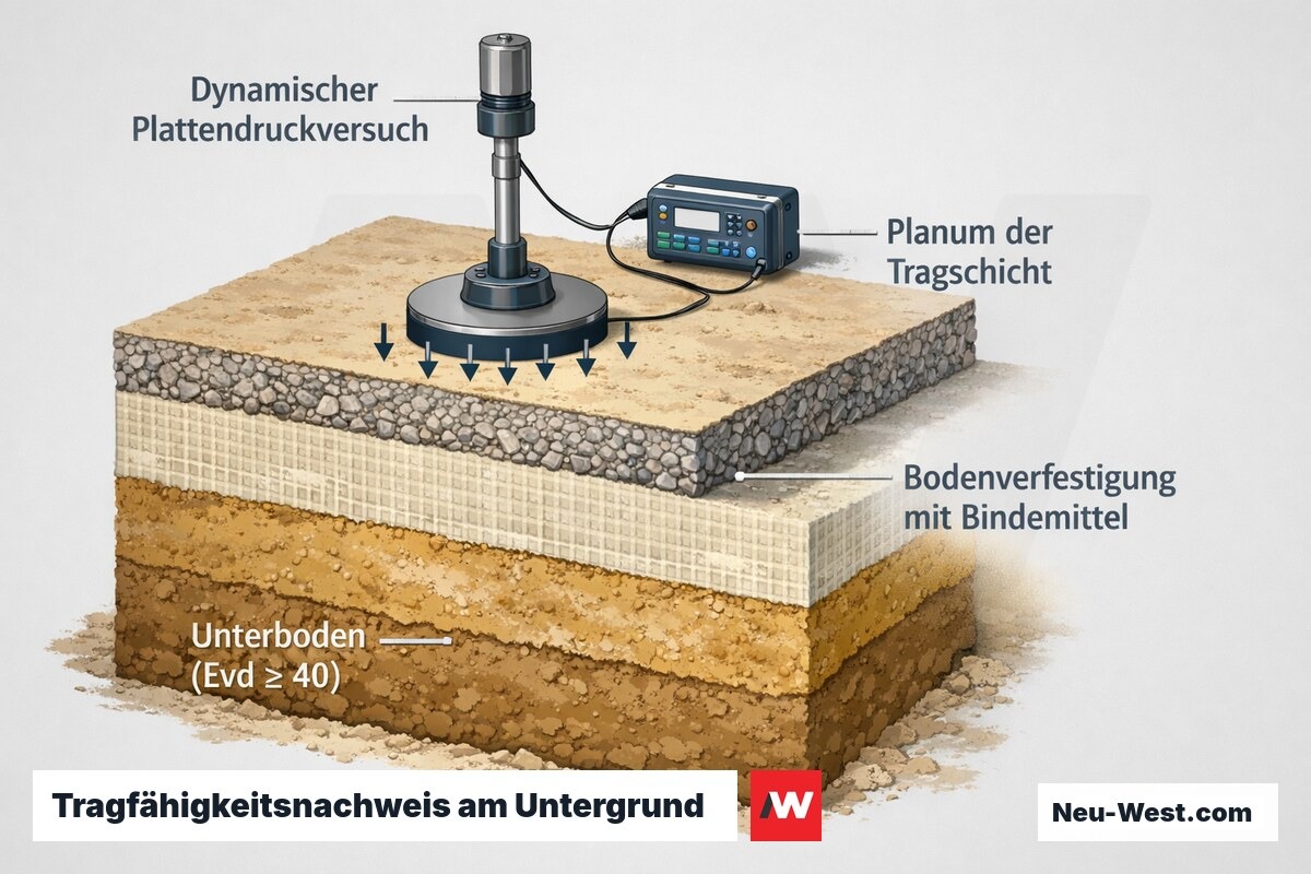 Cutaway-Diagramm eines dynamischen Plattendruckversuchs mit Lastplatte, Planum, Unterboden und Bodenverfestigung zum Nachweis der Untergrundtragfähigkeit.