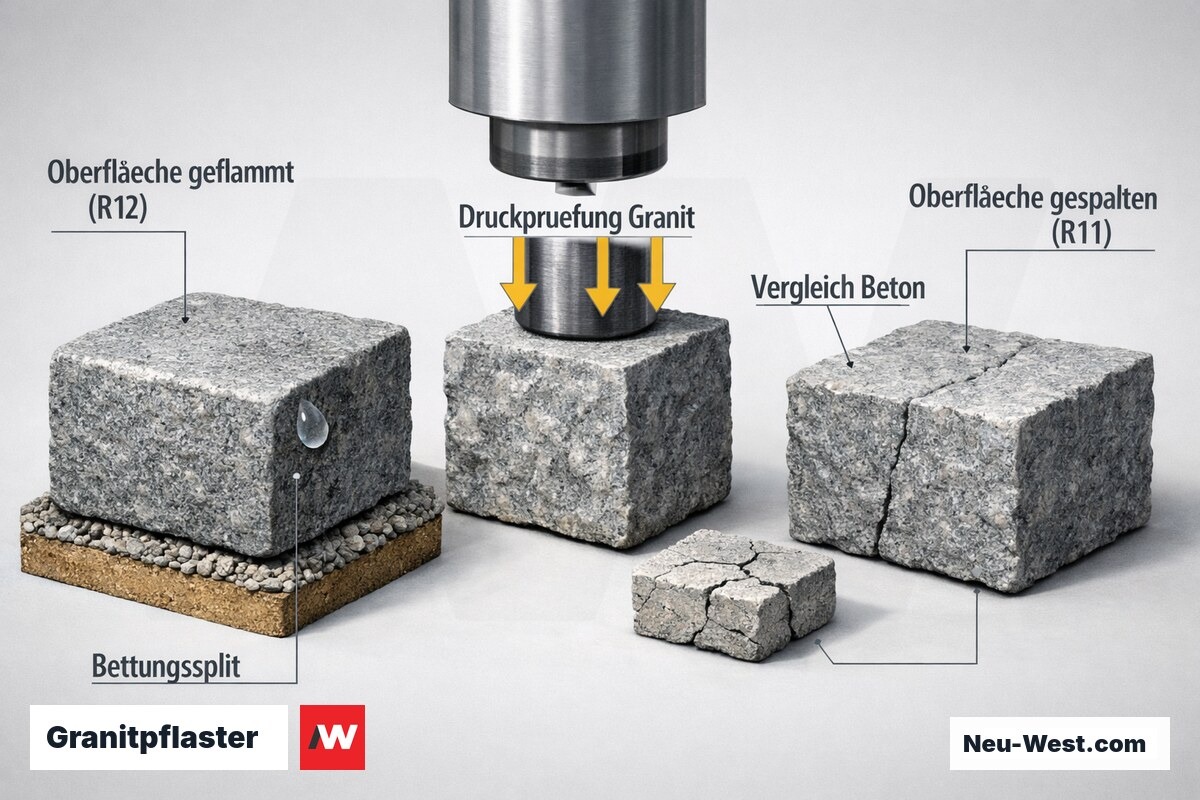 Erklaer-Grafik: zwei Granitpflastersteine mit geflammter und gespaltener Oberflaeche sowie Druckpruefung im Vergleich zu Beton.