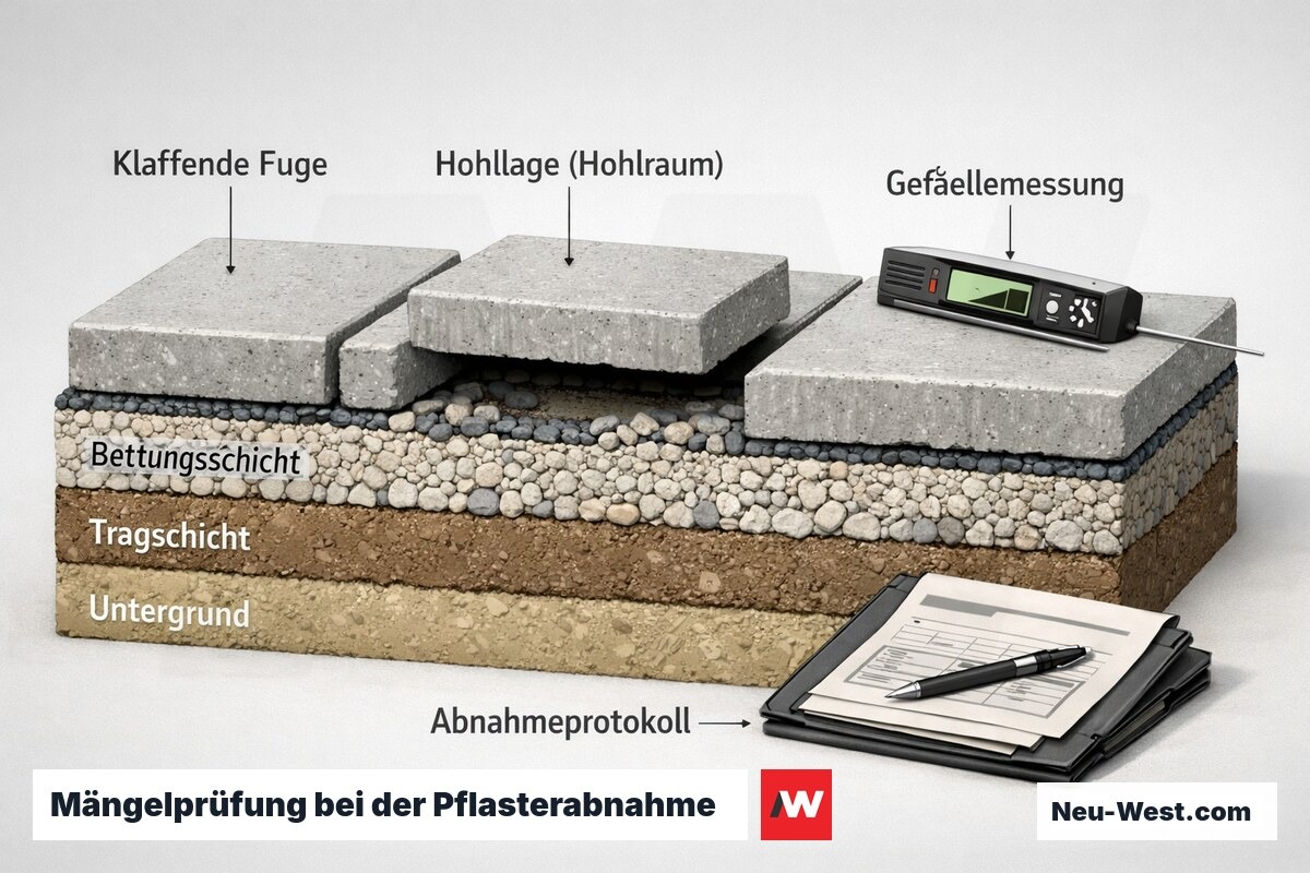 Querschnitt einer Pflasterfläche bei der Abnahme mit klaffender Fuge, Hohllage unter dem Stein, Gefällemessung und Abnahmeprotokoll.