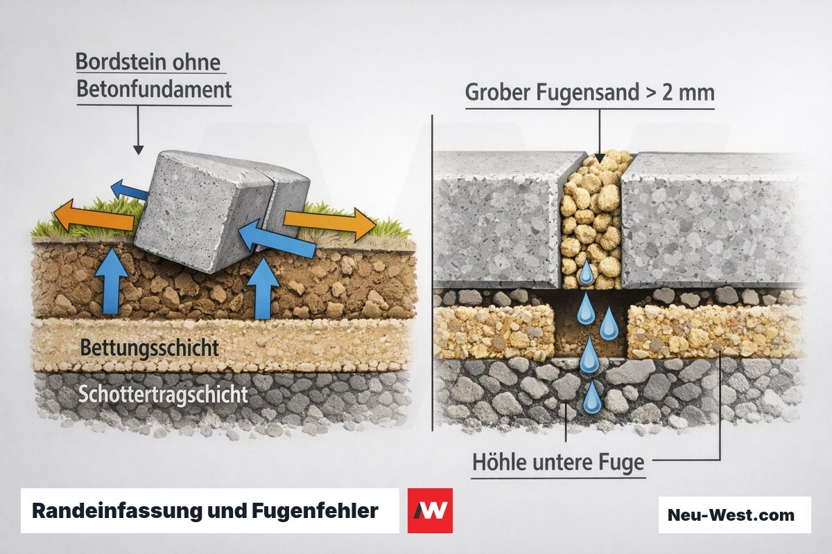 Querschnitt: ungegründeter Bordstein wandert durch Frost und Erddruck aus, grober Fugensand lässt untere Fuge hohl, Wasser dringt zur Bettung.