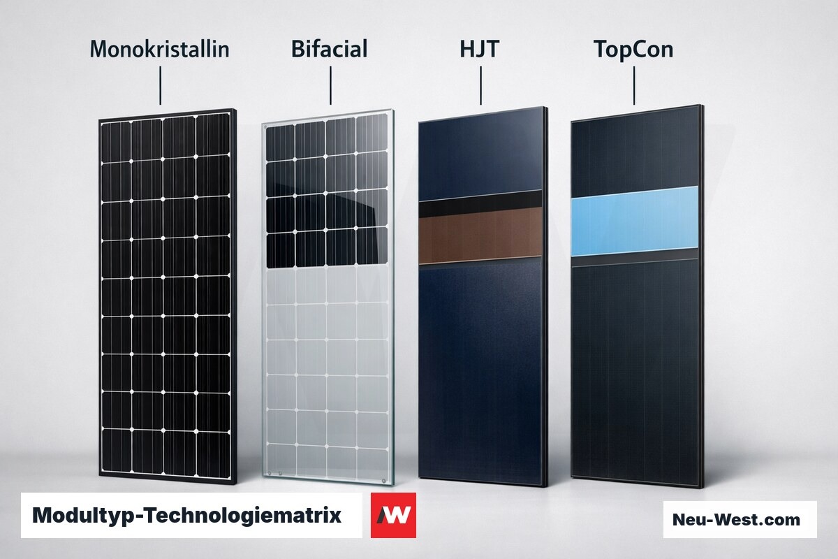 Modultyp-Technologiematrix: Wirkungsgrad, Temperaturkoeffizient und Degradation im Vergleich – Erklär-Grafik (NEUWEST Berlin)