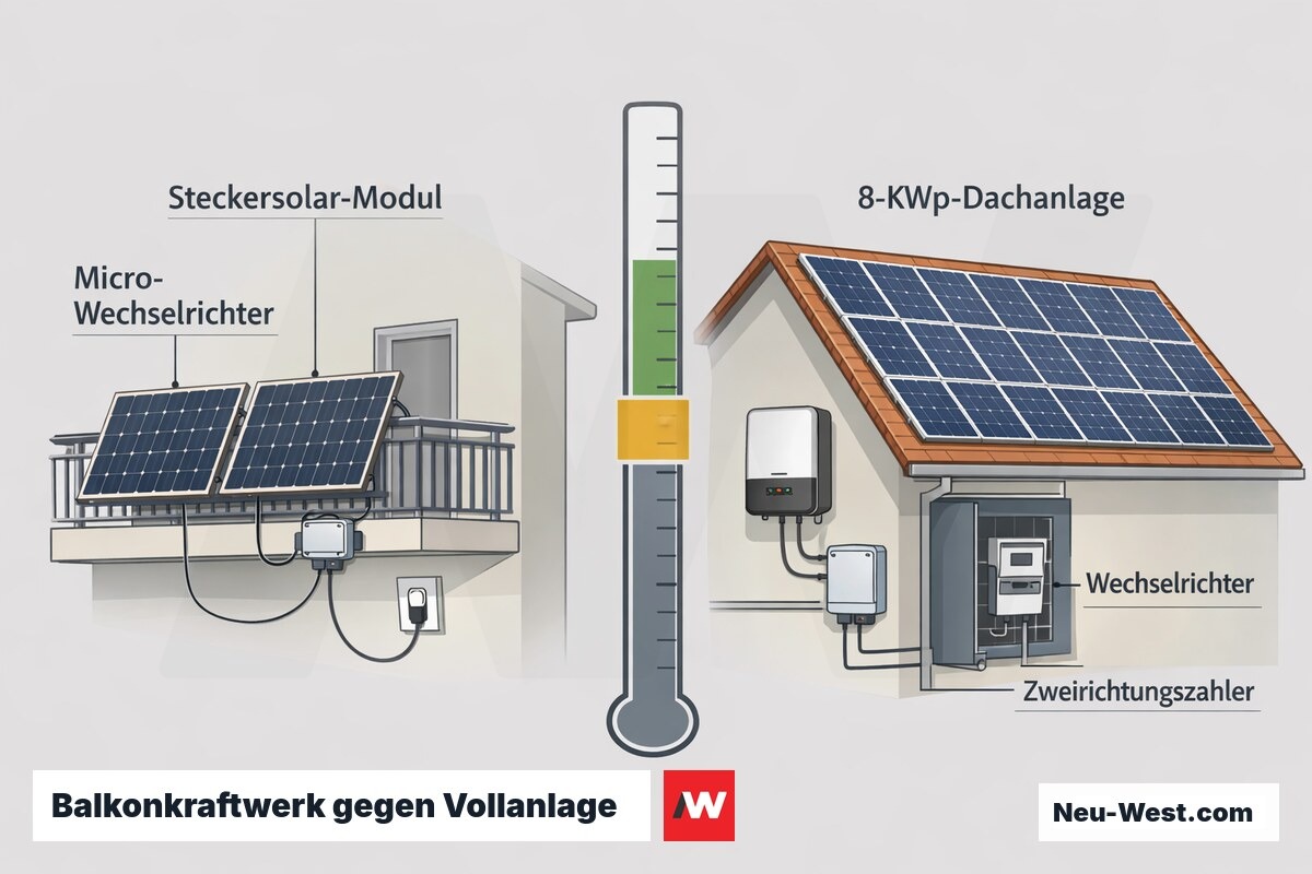 Vergleichs-Illustration: Balkonkraftwerk mit zwei Modulen und Micro-Wechselrichter neben 8-kWp-Dachanlage mit Zweirichtungszähler und Wirtschaftlichkeitsschwelle.