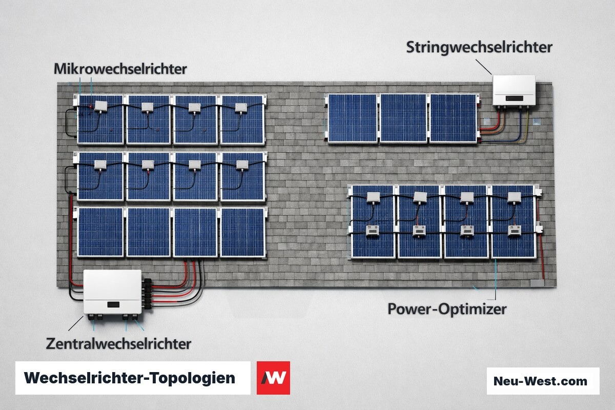 Wechselrichter-Topologien: Eignung je Verschattungssituation und Anlagengröße – Erklär-Grafik (NEUWEST Berlin)
