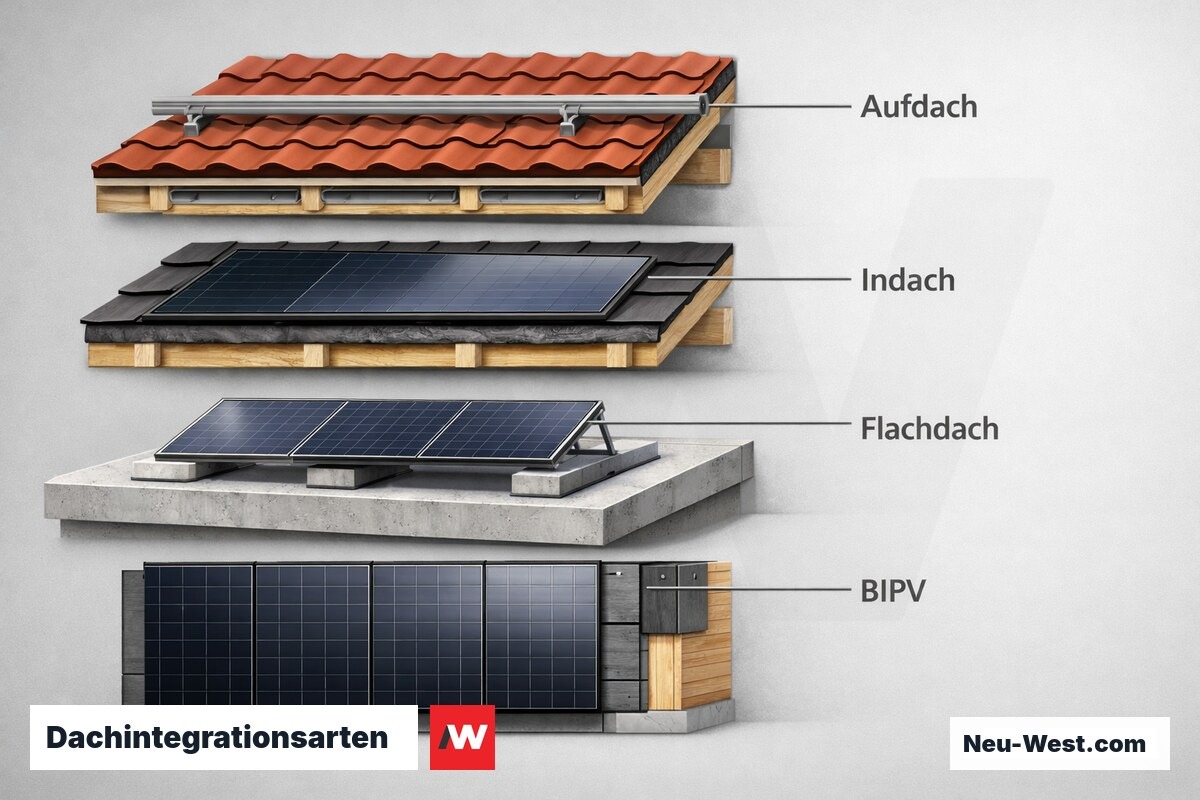 Dachintegrationsarten: Aufbauschema, Hinterlüftung und typische Anwendungsfälle – Erklär-Grafik (NEUWEST Berlin)