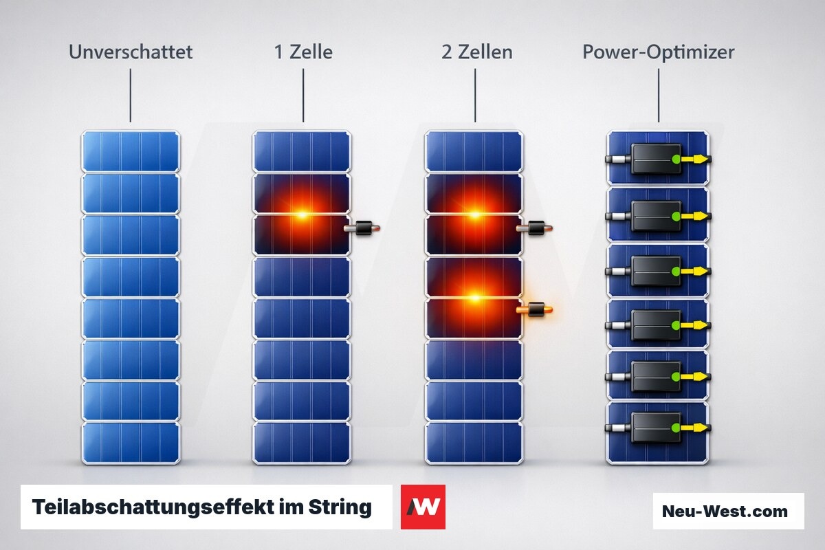 Teilabschattungseffekt im String: Bypass-Dioden, Hot-Spot-Entstehung und Ertragseinbruch – Erklär-Grafik (NEUWEST Berlin)