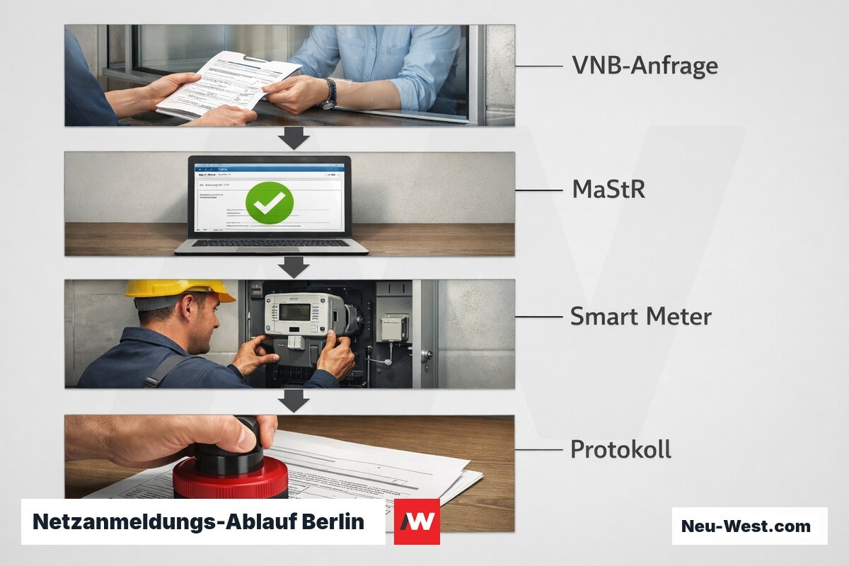 Netzanmeldungs-Ablauf Berlin: VNB-Voranfrage bis Inbetriebnahmeprotokoll mit realen Wartezeiten – Erklär-Grafik (NEUWEST Berlin)