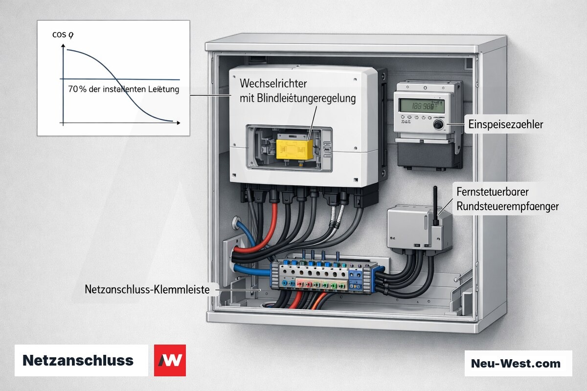 Cutaway-Schaltschrank mit Wechselrichter, Blindleistungsregelung, Einspeisezähler, Rundsteuerempfänger und Netzanschluss nach VDE-AR-N 4105.