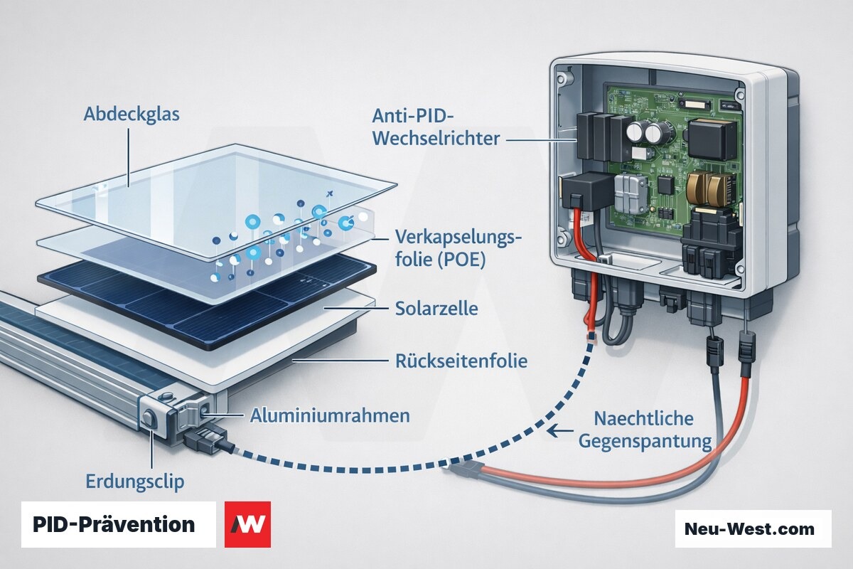 Querschnitt eines PV-Moduls mit POE-Verkapselungsfolie und Solarzelle neben einem Anti-PID-Wechselrichter, der nachts eine Gegenspannung zum Rahmen anlegt.
